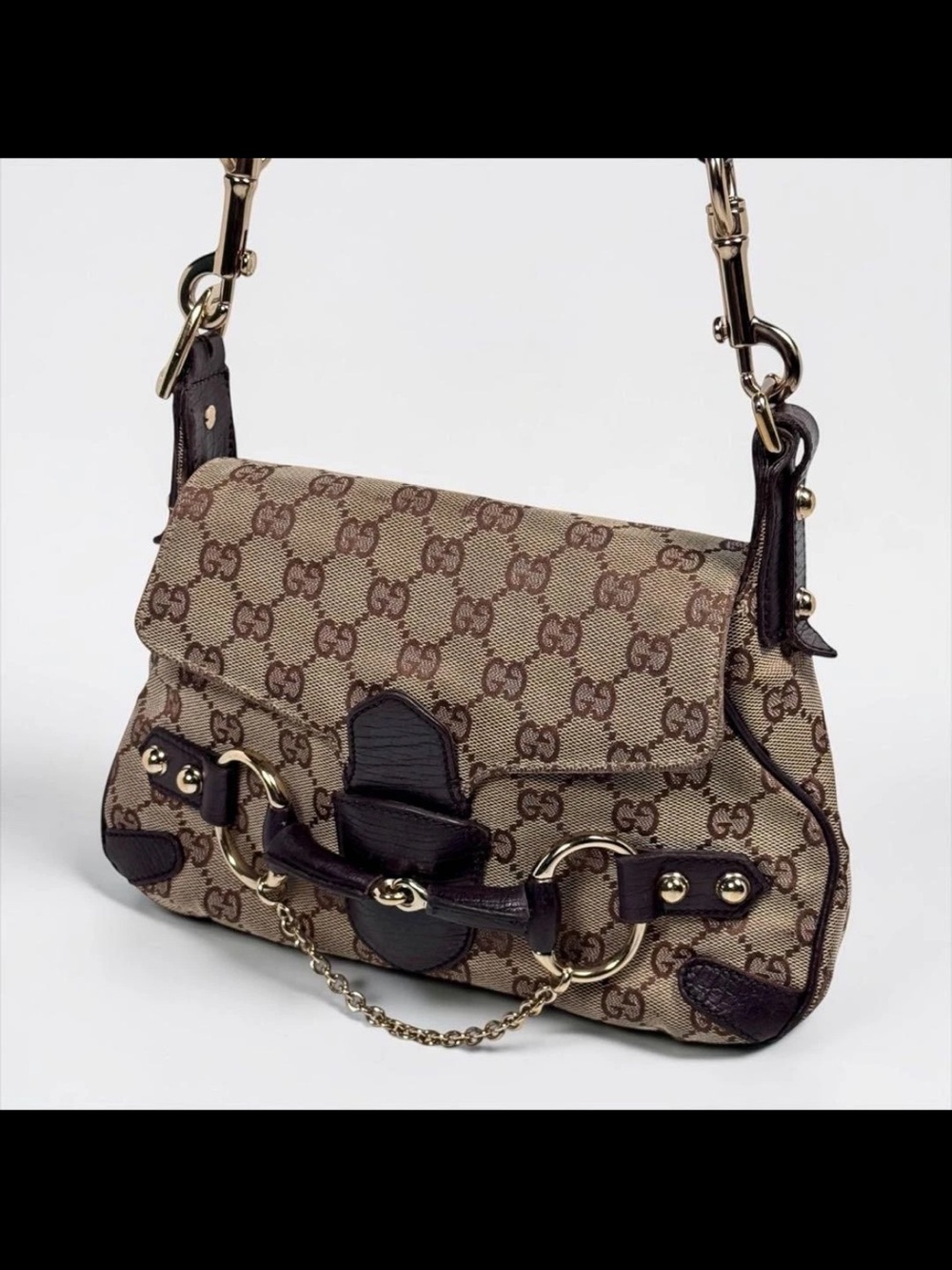 Gucci Beige GG Canvas Shoulder Bag with Dark Brown Trim
